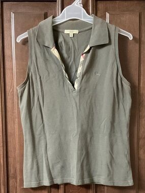 Burberry Olive Green Sleeveless Polo Tank with Signature Check Trim